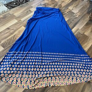LuLaRoe medium blue yellow floral border Knit Pull-On Maxi Skirt Stretch modest